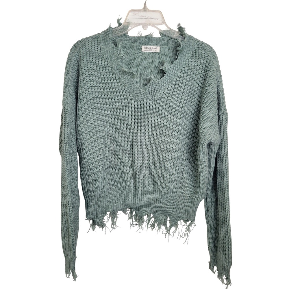 Full Circle Trends Shark Bite Sweater XL Cropped Sage Green V-Neck Chunky Knit